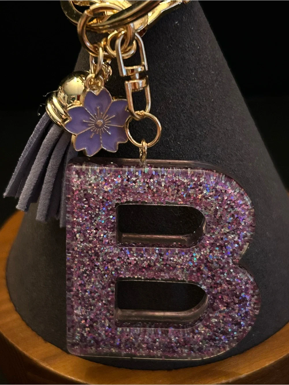 Gold-Tone Key & Card Holder w/Purple Glitter Choice of Initial Charm w/Tassel
